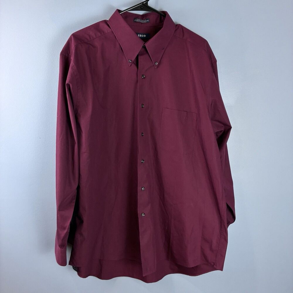 Izod Mens Burgundy Easy Care Silky Poplin Button Down Shirt Size 17.5 34/35